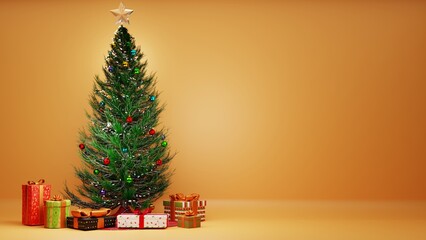 christmas tree with gifts on orange background