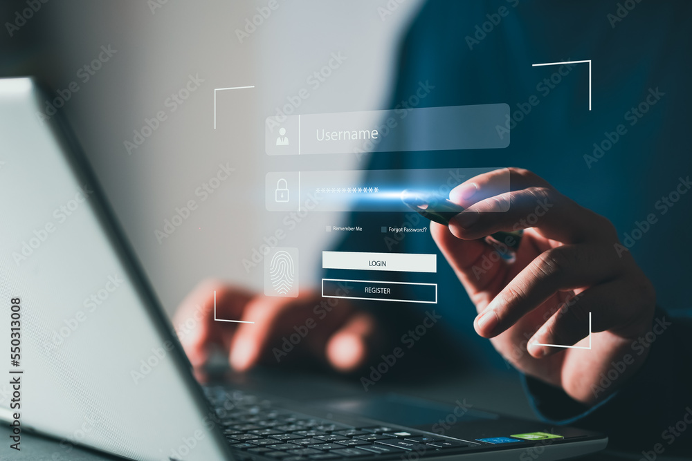Poster password to access personal user data, login and password, cyber security concept, data protection a