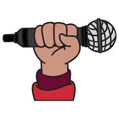 hand with microphone. Comic vector graphic hip hop.