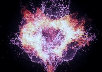 3d illustration of fire and water swirling in a heart shape