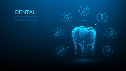 dental digital technology blue dark background.tooth wireframe with icon medical. innovation medical  root canal treatment. dental clinics and hospitals symbol. vector illustration fantastic low poly.