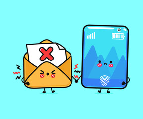 Cute, funny angry smartphone and letter with ban sign. Vector hand drawn cartoon kawaii characters, illustration icon. Funny cartoon smartphone and message mascot character concept