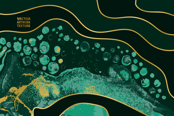 Deep Emerald Green Waves and Swirls with Golden Layers Vector Artwork Texture.