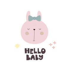 hello baby. cartoon bunny, hand drawing lettering. Colorful vector illustration, flat style. design for greeting cards, print, poster