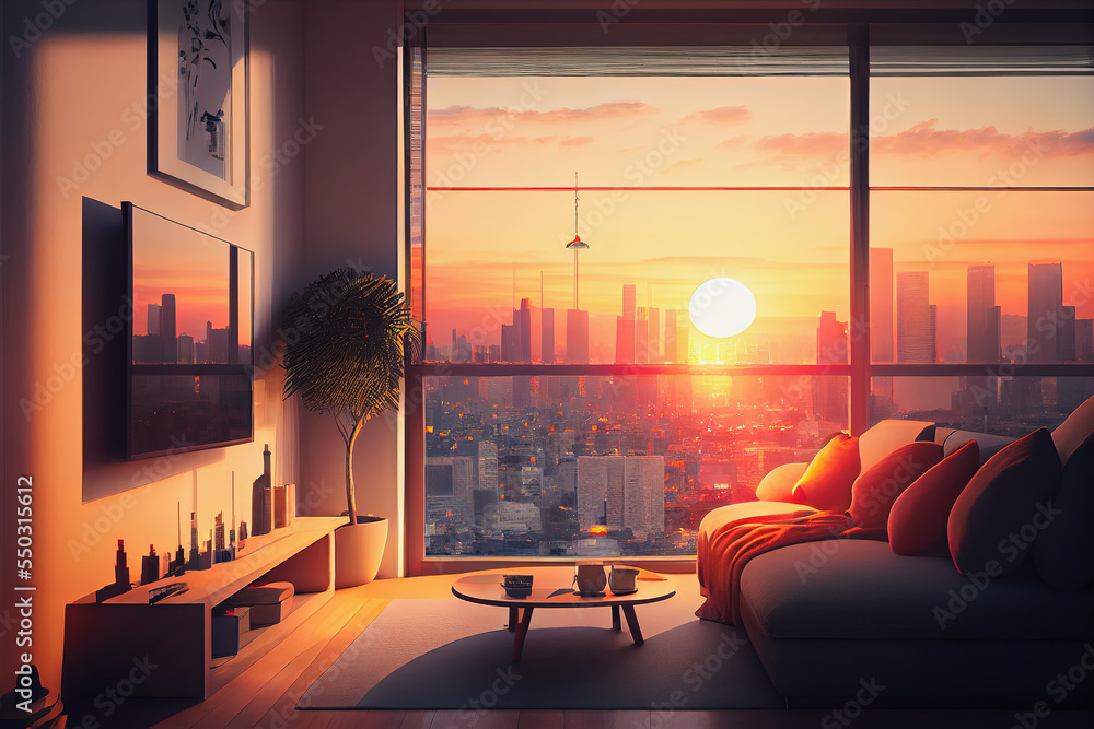 Poster midjourney mockup illustration of a modern living room with view to tokyo city during sunset