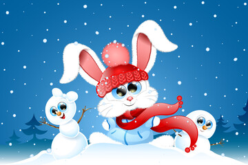Cute fluffy little cartoon white Bunny in blue hat and scarf with two funny snowman's under winter snowfall