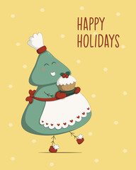 Happy Holidays greeting card with a cute Christmas tree dressed in an apron and a chef's hat and holding a baked Christmas pudding, Festive adventures,  hand drawn cartoon illustration