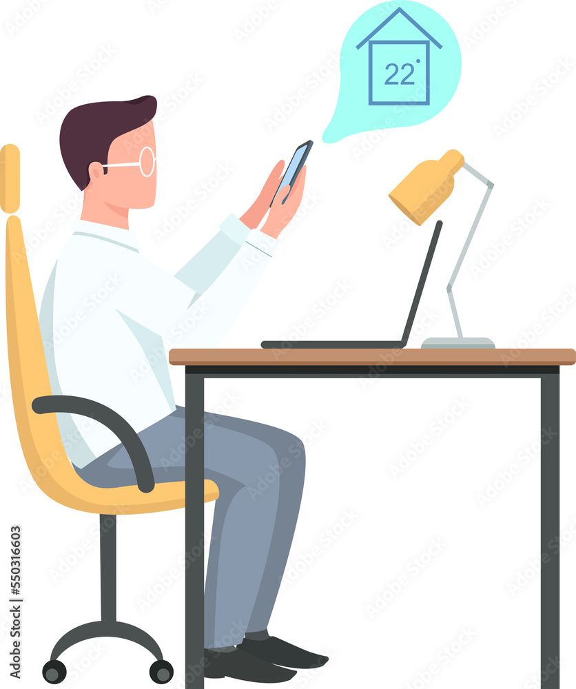 Poster man monitoring home remotely semi flat color raster character. posing figure. full body person on wh