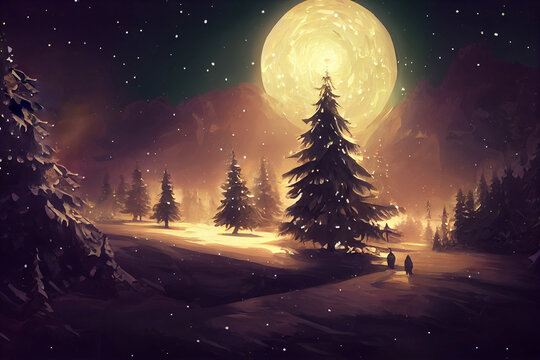 Painted fairy winter night snowy forest with Christmas tree and full moon. Two people sharing gifts at Christmas night. Season greetings card