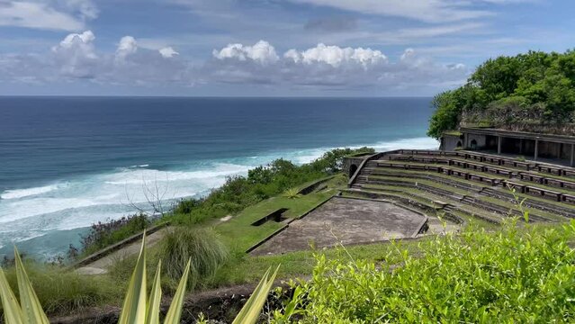 Ocean viewed from Gunung Payung Temple, Badung Regency, Bali, Indonesia. There is a resting place to enjoy the view.