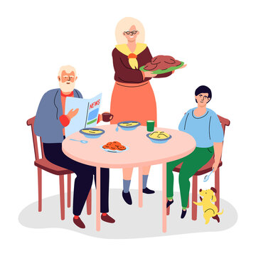 Family having dinner - colorful flat design style illustration