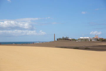 sand dunes . Famous natural park Maspalomas dunes in Gran Canaria at sunset, Canary island, Spain