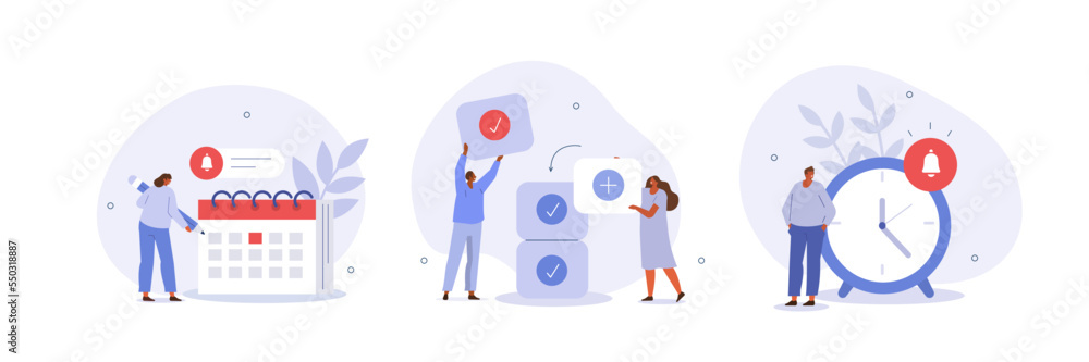 Poster business illustration set. characters planning and organizing schedule, work task and time managemen