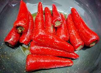 Indian Homemade stuffed Red Chilli Pickle Also Know as Mirchi Ka Achar, Loncha or Laal Mirch Ka...