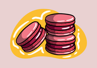 Cartoon Macaron cookies: pink maracron. Traditional French sweet dessert drawing. Cute hand drawn vector illustration.