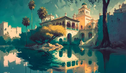 Foto op Canvas Abstract art. Colorful painting art of a spanish villa in Alhambra style. Background illustration. Digital art image. © PhotoGranary