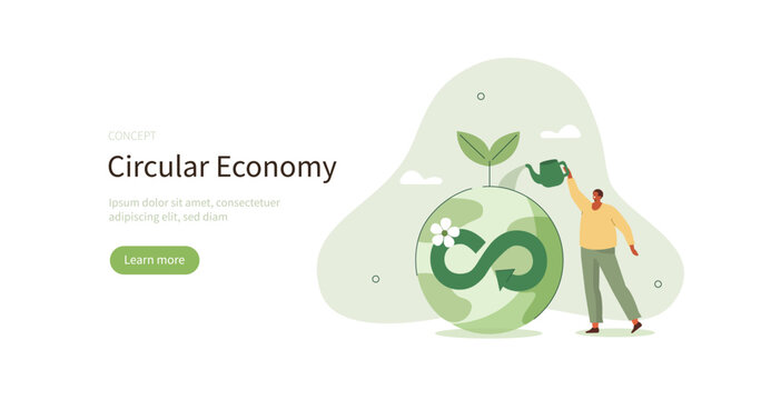 Circular economy. Sustainable economic growth strategy, recourses reuse and reduce climate impact. ESG, green energy and industry concept. Vector illustration. 

