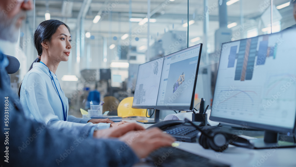 Leinwandbilder factory office facility: industrial engineer drafting blueprints of a heavy industry machine parts o