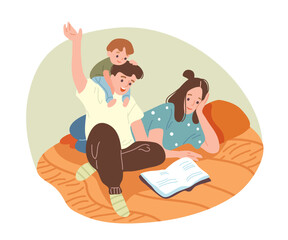Family, parents, mammy, daddy and boy child, having a rest, sitting on sofa, couch and reading a book, boy sitting on daddy shoulders. Stay at home. Family resting at home together.Covid-19 quarantine