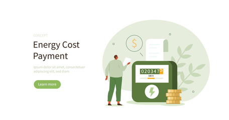 Character calculating and paying electricity and other utility costs. Energy efficiency in household and utilities consumption concept. Vector illustration.