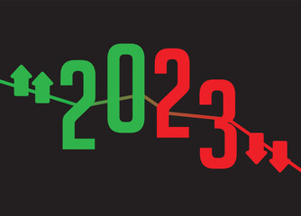 2023 written with green and red colors and going up and down as a representation of the bull market. Collapse and Bankruptcy year