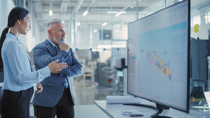 Factory Office Meeting: Chief Engineer Talking with Business Partner in a Conference Room with TV with Green Screen Mock Up Display. Concept for Heavy Industry and Manufacturing Related Templates.