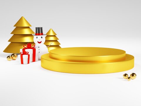 3D rendering,concept of christmas ,snowmen with gold podium on a white background. 3d render modern holiday surprise box.