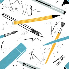 Seamless pattern. Drawing instrument. Artist's paintool, pencil, brush. Simple flat illustration 