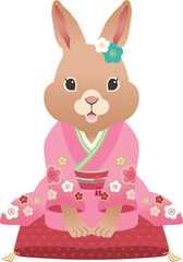 2023年　卯年　挨拶する振袖のうさぎの女の子【座布団】