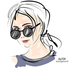 art sketching portrait of beautiful young woman makeup face in vector; glamour girl model fashion illustration; long hairstyle, sunglasses