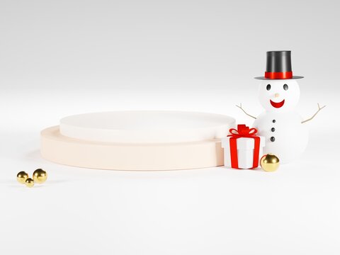 3D rendering,concept of christmas ,snowmen with podium on a white background. 3d render modern holiday surprise box.