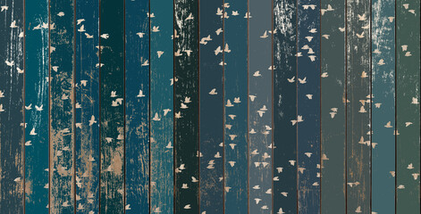 Silhouette d’oiseaux sur fond bois bleu vintage 