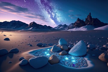 Fototapeta premium Fantasy landscape with sandy glaciers and purple crystal. Concept art. fantasy