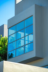 Decorative modern window with twelve individual glass panes and grid pattern with front yard trees and blue and white sky
