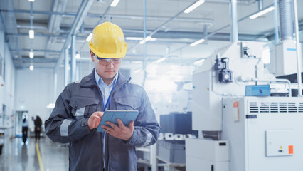Portrait of a Young Asian Man, Working as an Engineer at a Factory Facility, Wearing Work Jacket and a Yellow Hard Hat. Heavy Industry Specialist Working on Tablet Computer.
