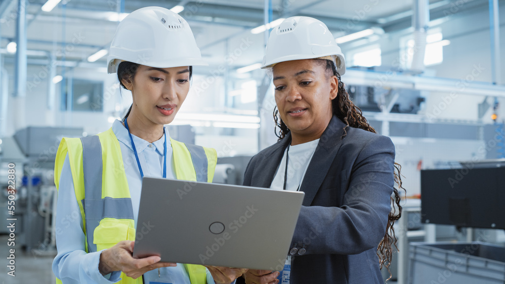 Poster portrait of two female employees in hard hats at factory discussing assignments at industrial machin