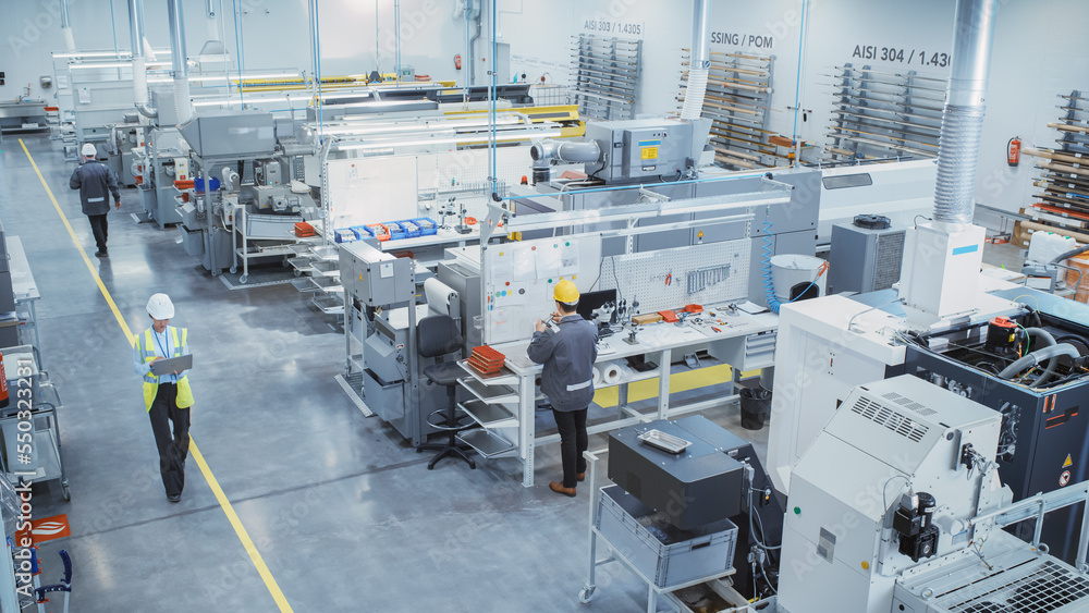 Leinwandbilder industrial factory: diverse team of engineers, technicians, professionals and workers, working on pr