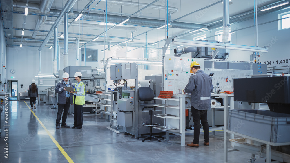 Poster industrial factory: team of engineers, technicians and workers, working on production plant, develop