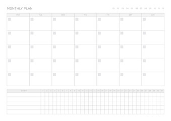 A simple, minimalistic style monthly planner. Note, scheduler, diary, calendar planner document template illustration.