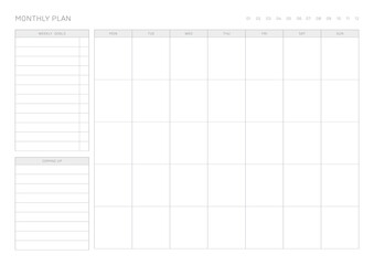 A simple, minimalistic style monthly planner. Note, scheduler, diary, calendar planner document template illustration.