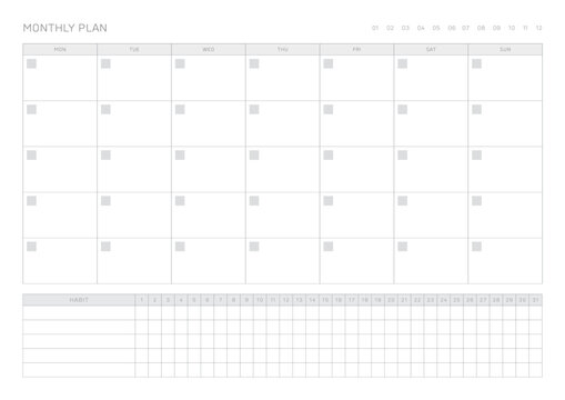 A simple, minimalistic style monthly planner. Note, scheduler, diary, calendar planner document template illustration.