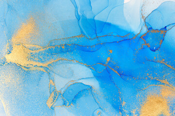 Marble Gradient Light Blue and Gold Veins Artwork Background.