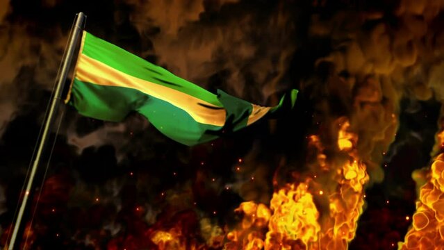 waving Sierra Leone flag on burning fire background - disaster concept