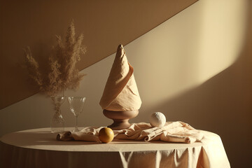 Fototapeta na wymiar A beautifully and elegantly set table as if for painting a Christmas dinners picture. Sharp shadows sand colored retro vintage interior. Warm family atmosphere. Beige background.