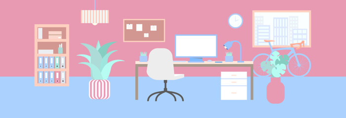 vector illustration of home office, room, studio, vector workplace illustration, interior with desk, desktop computer, plants, clock, window, bicycle, pinboard, cabinet, chair, binders and more