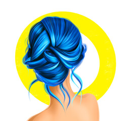 Hairstyle. Stylish women's blue hair, portrait of young gorgeous girl, fashion illustration