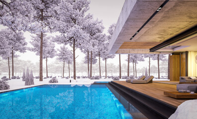 3d rendering of new concrete house in modern style with pool and parking for sale or rent and beautiful landscaping on background. One floor house. Cool winter evening with cozy light from windows