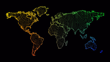 Glitter spectrum map of the world with glare effect. Abstract lines, triangles, light spots create a map of the world on a dark background.