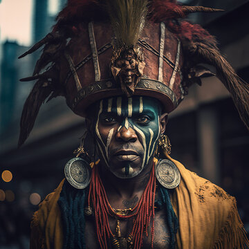 Voodoo witch doctor dressed in traditional clothing with big elaborate hat and necklaces, standing in New York city. Generative AI.