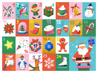 Fototapeta premium Advent calendar. Collection of images with Christmas elements decorations ornaments foods and characters. Can be used as card or as separate elements. Vector illustration. Santa elf and deer